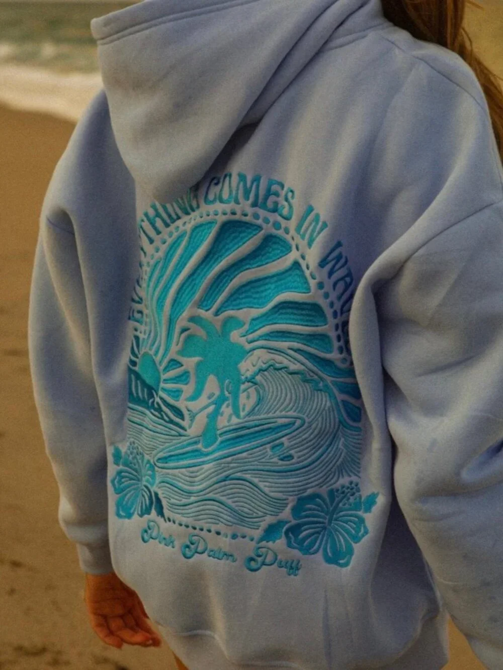 NEW Pink Palm Puff Everything Comes in Waves Hoodie in Blue choose size - Picture 7 of 7